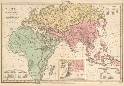 Il mondo popolato dai discendenti di Noè che mostra i paesi posseduti da Sem, Cam e Jafet e la loro discendenza dopo la confusione delle lingue da Robert Wilkinson